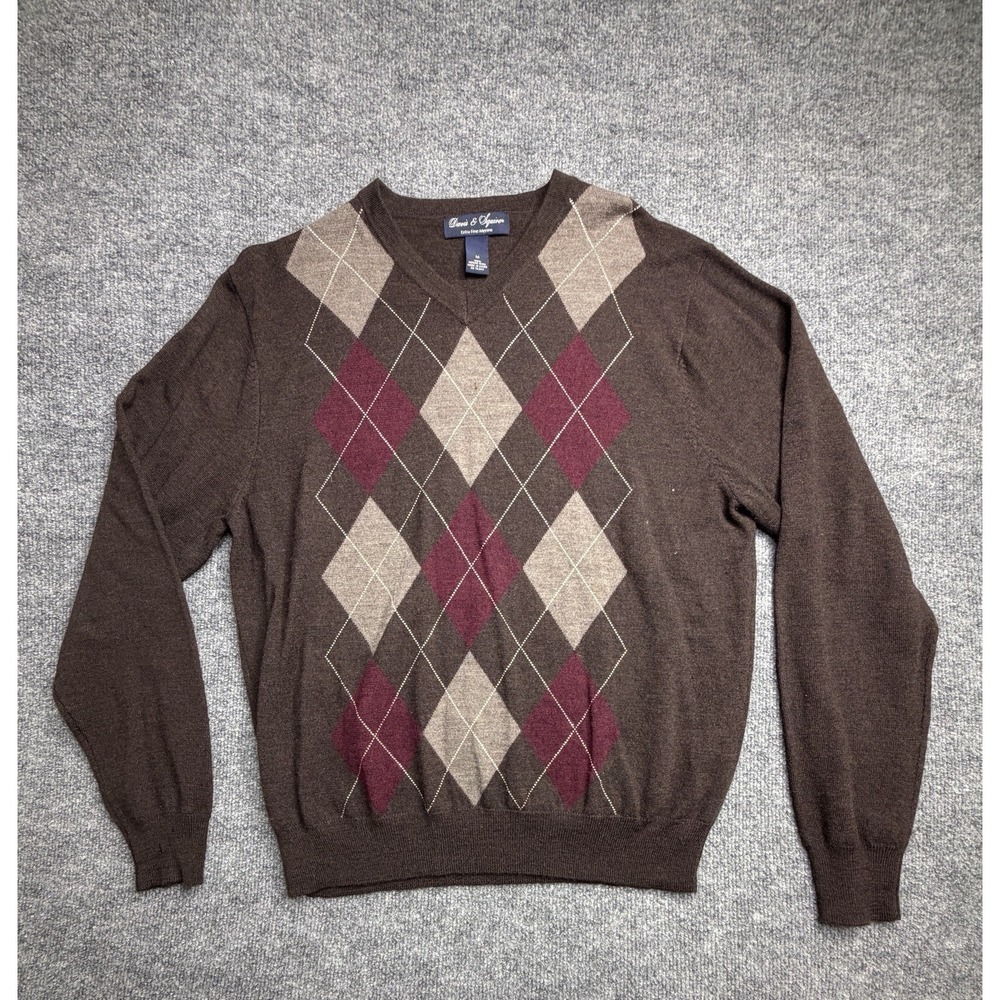 David And Squire Merino Wool Brown Argyle Knit Sweater Size Medium